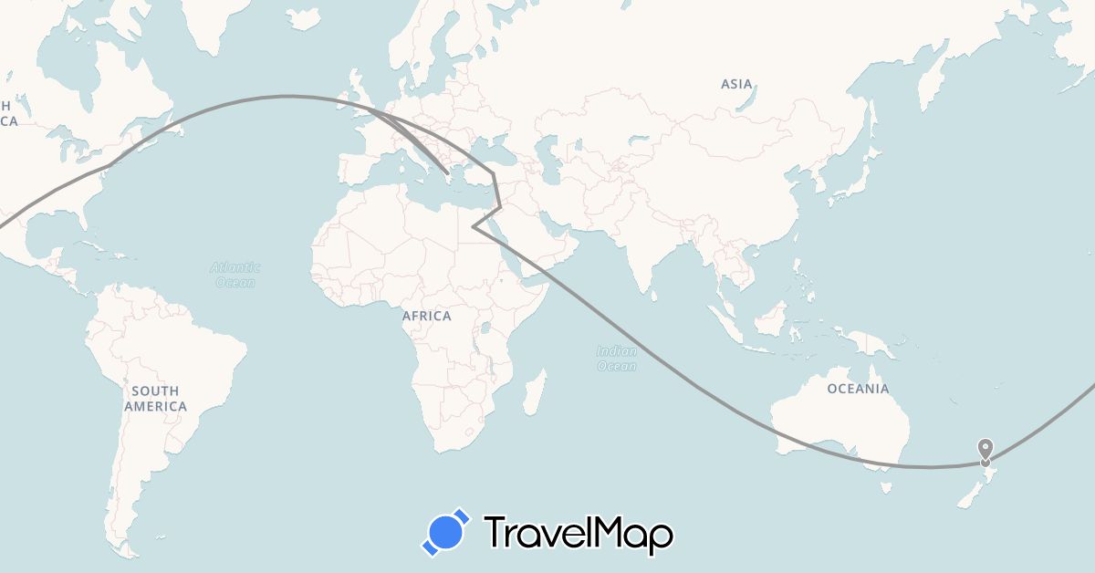TravelMap itinerary: driving, plane in Belgium, Egypt, United Kingdom, Greece, Jordan, New Zealand, Turkey, United States (Africa, Asia, Europe, North America, Oceania)